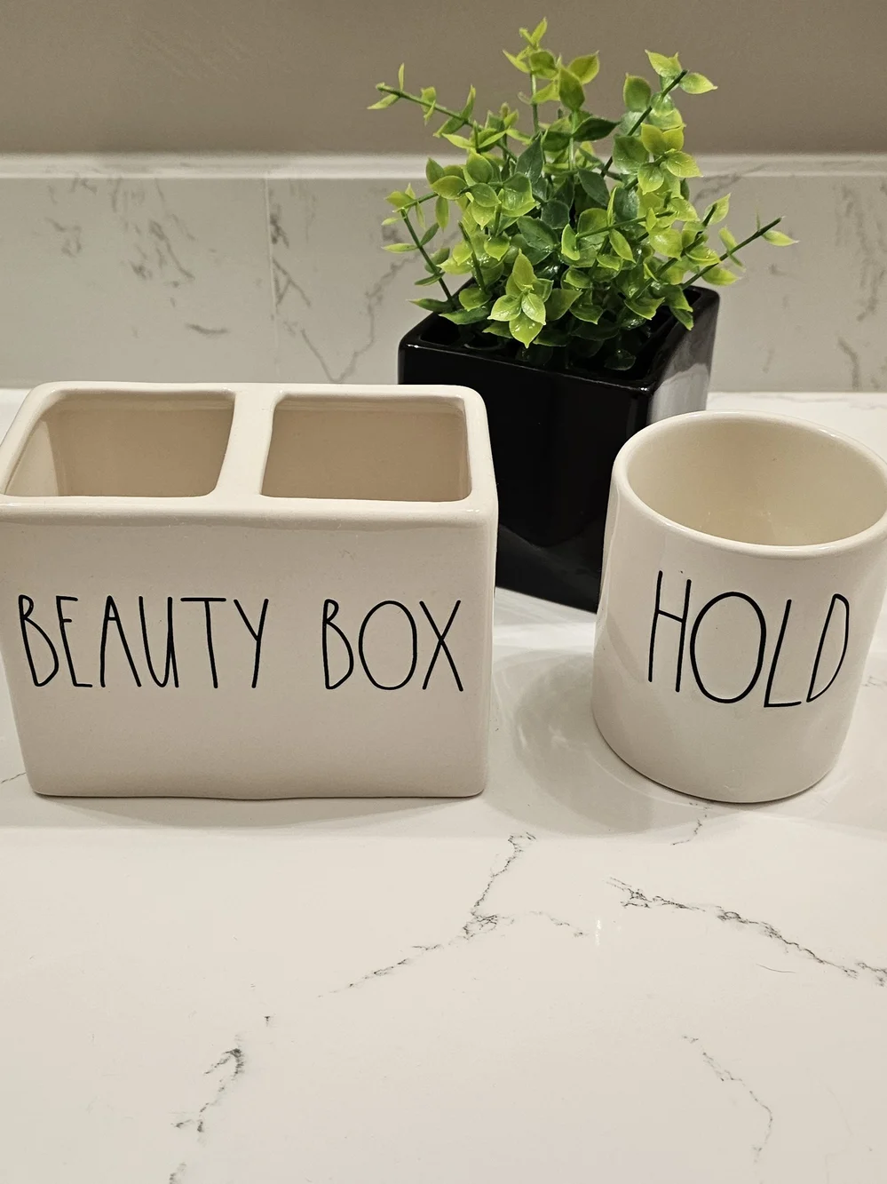 Rae Dunn Ceramic 'Beauty Box' & 'Hold' Organizer Set